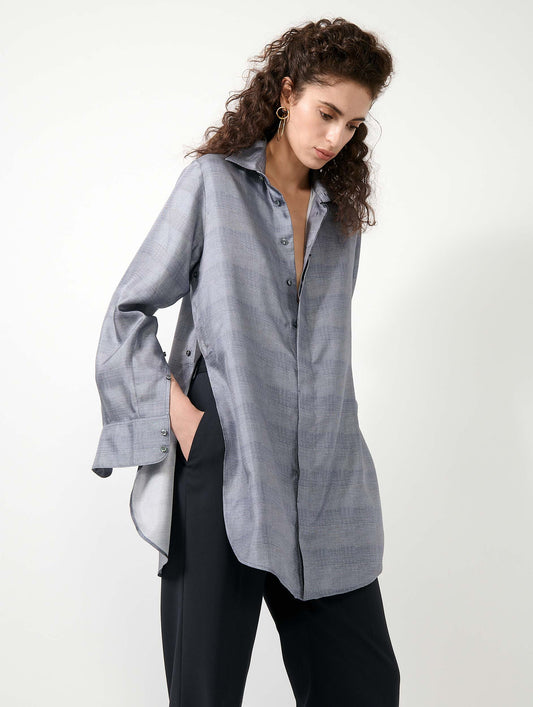 Blue Prince of Wales check silk twill long shirt