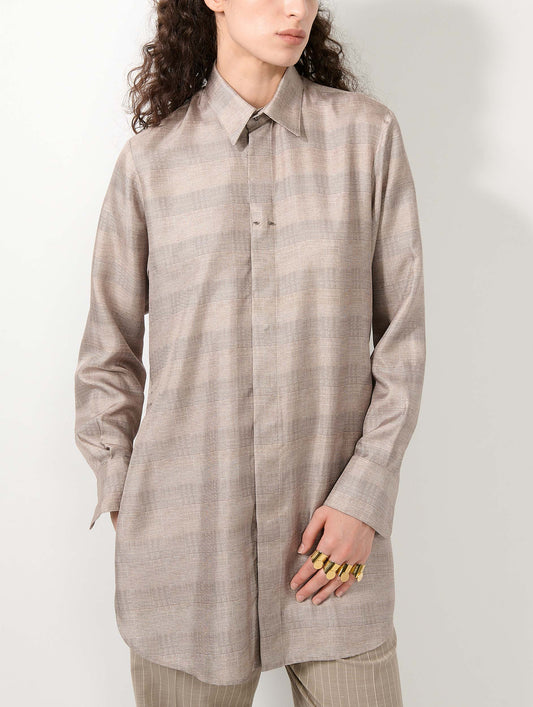 Sand Prince of Wales check silk twill long shirt