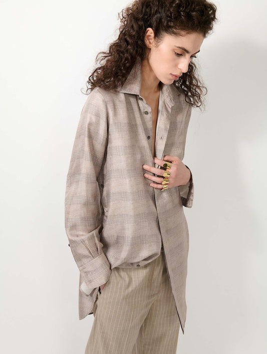 Sand Prince of Wales check silk twill long shirt
