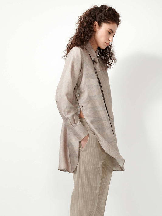 Sand Prince of Wales check silk twill long shirt