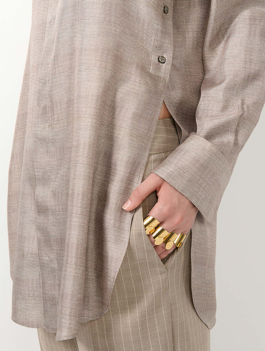 Sand Prince of Wales check silk twill long shirt