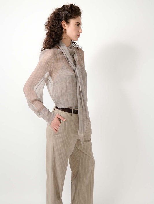 Sand Prince of Wales check silk georgette blouse