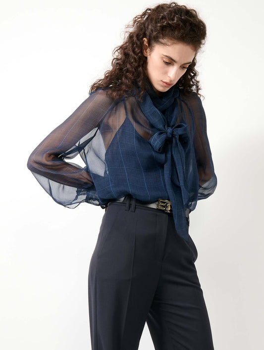 Navy Prince of Wales check silk georgette blouse