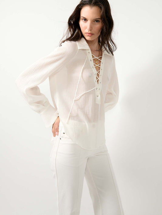 White crepon blouse with laced neckline