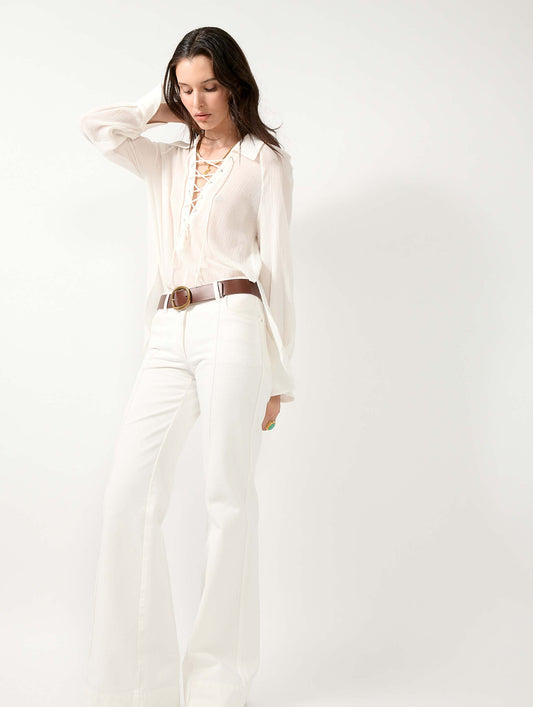 White crepon blouse with laced neckline