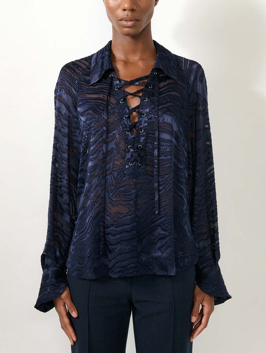 Navy devoré satin blouse