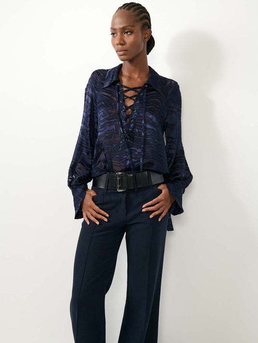 Navy devoré satin blouse