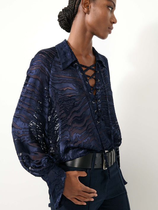 Navy devoré satin blouse