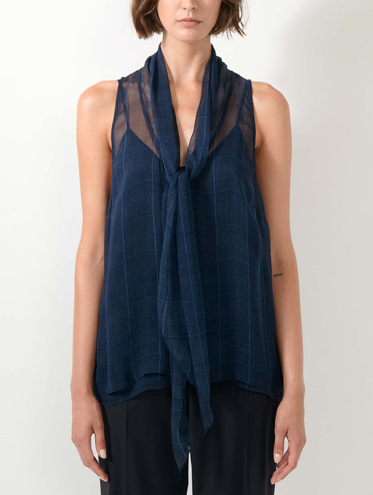 Navy Prince of Wales check silk georgette top