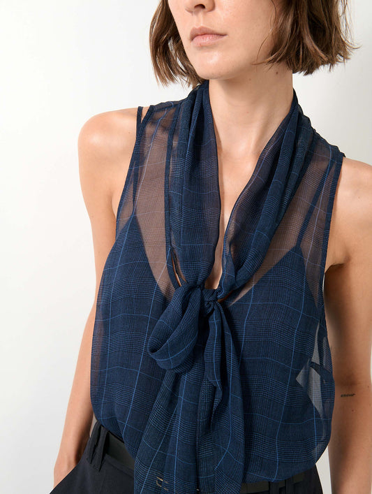 Navy Prince of Wales check silk georgette top