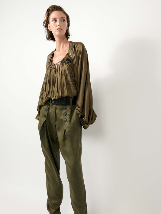 Khaki Angel Skin draped smocked top