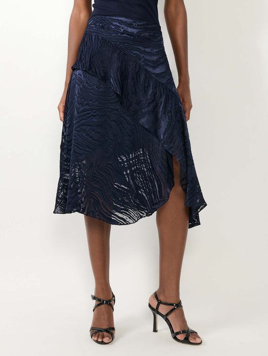 Navy devoré satin asymmetrical skirt