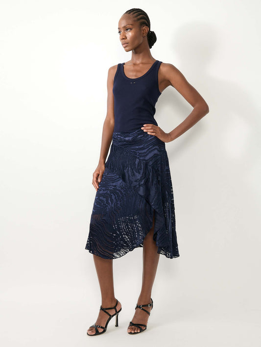 Navy devoré satin asymmetrical skirt