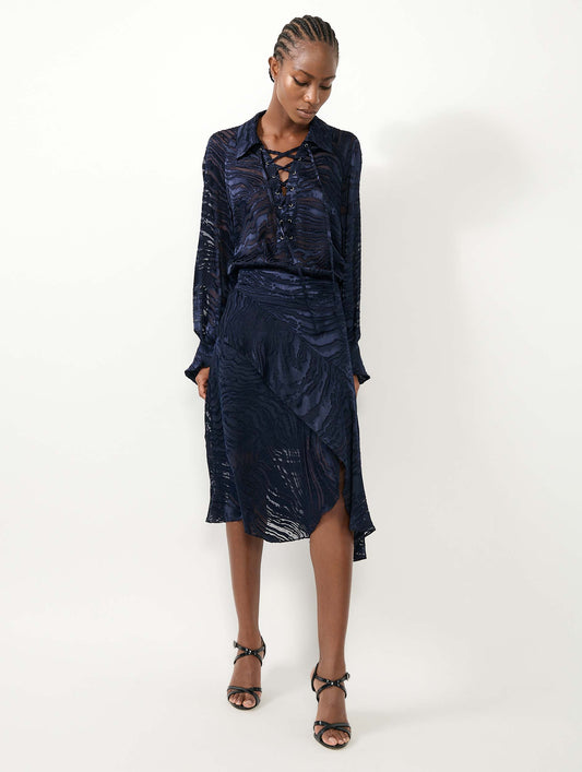 Navy devoré satin asymmetrical skirt