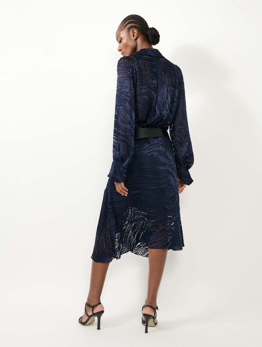 Navy devoré satin asymmetrical skirt