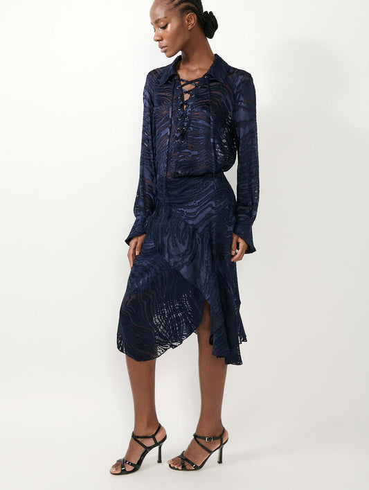 Navy devoré satin asymmetrical skirt