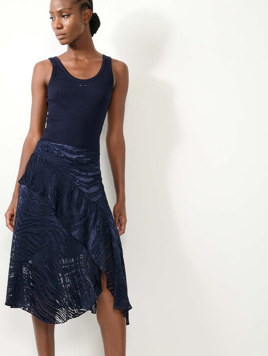Navy devoré satin asymmetrical skirt