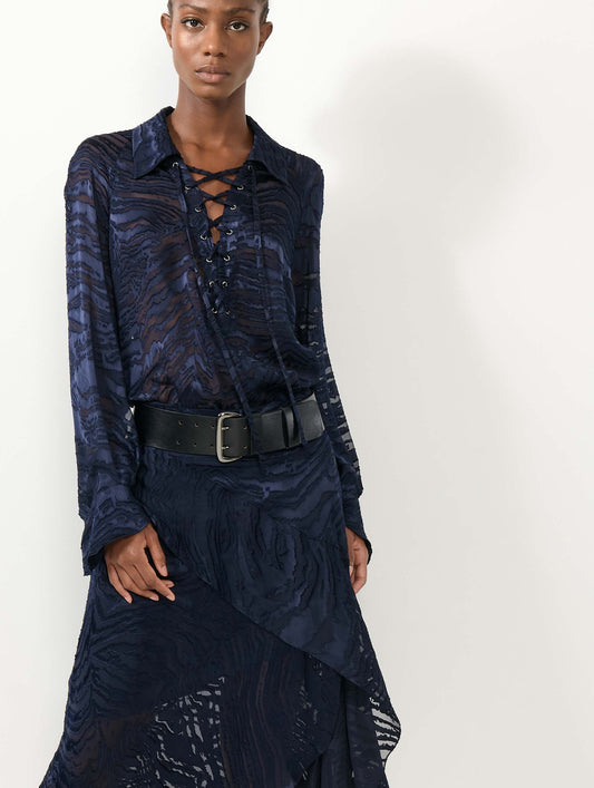 Navy devoré satin asymmetrical skirt