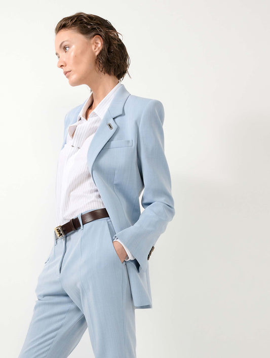 Sky blue herringbone crepe bootcut trousers