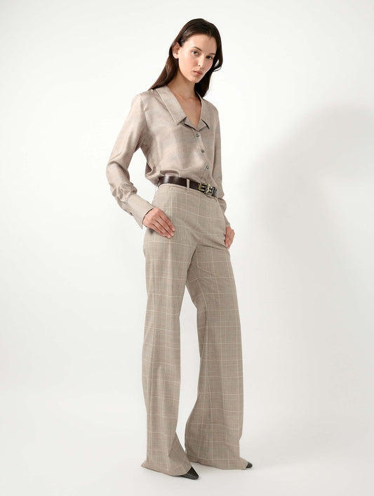 Sand Prince of Wales check flare trousers