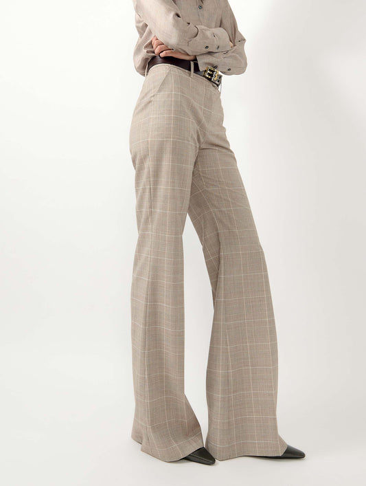 Sand Prince of Wales check flare trousers