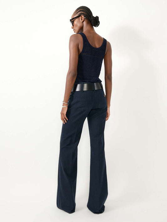 Navy cotton twill flare trousers