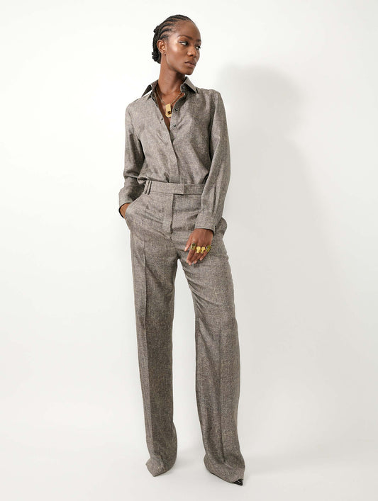 Lino print silk twill wide leg trousers