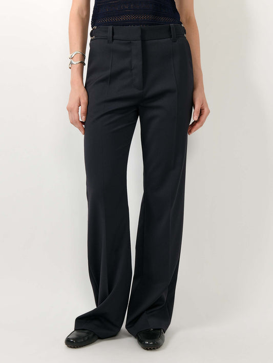 Navy wool gabardine wide leg trousers