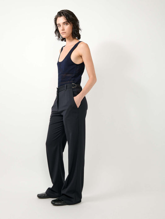 Navy wool gabardine wide leg trousers