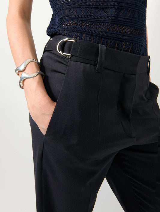 Navy wool gabardine wide leg trousers