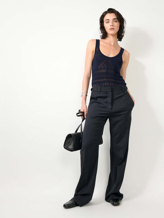 Navy wool gabardine wide leg trousers