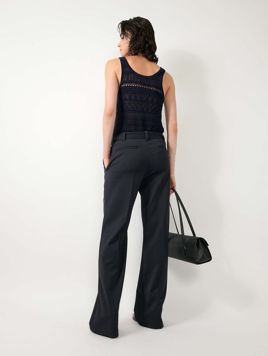 Navy wool gabardine wide leg trousers