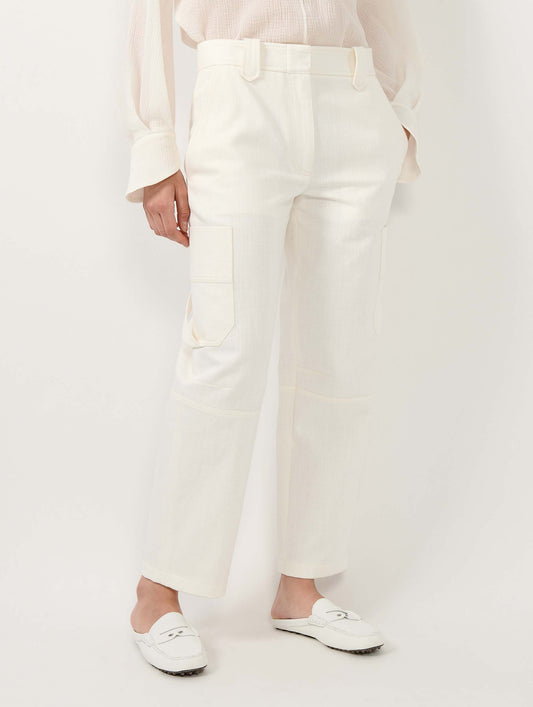 White cotton gabardine cargo trousers
