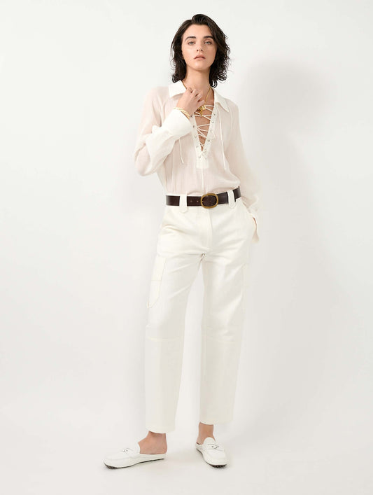 White cotton gabardine cargo trousers