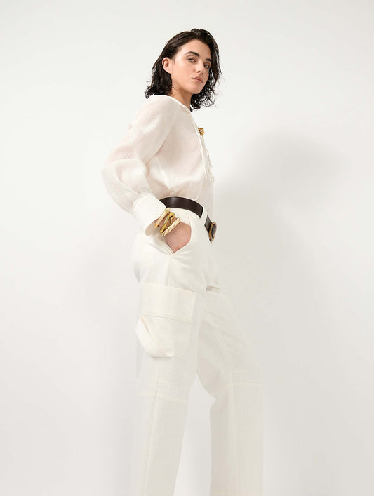 White cotton gabardine cargo trousers