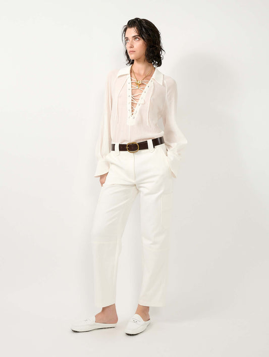 White cotton gabardine cargo trousers