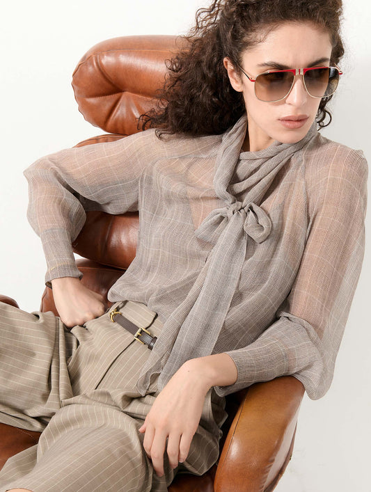 Sand Prince of Wales check silk georgette blouse