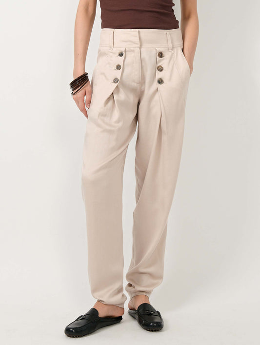 Sand viscose and linen satin buttoned trousers