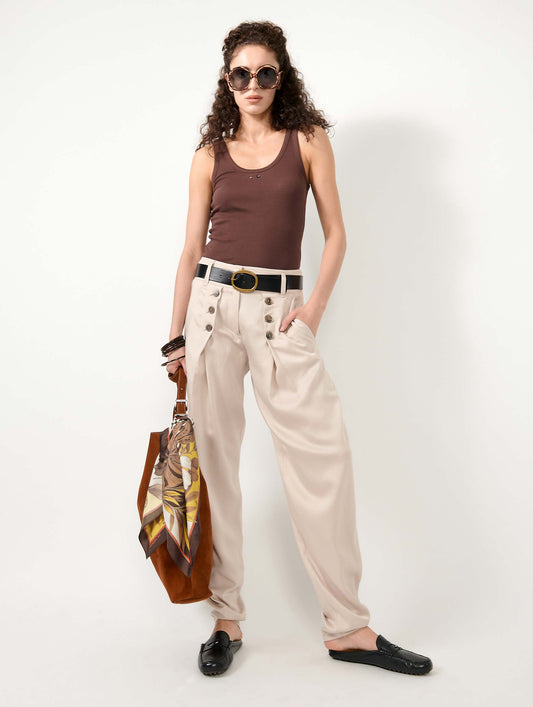Sand viscose and linen satin buttoned trousers
