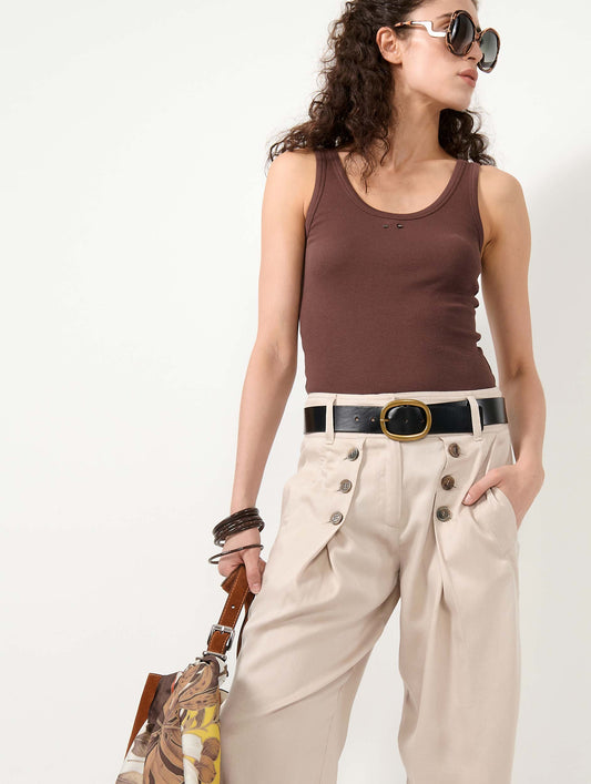 Sand viscose and linen satin buttoned trousers