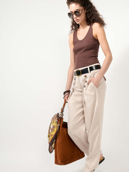 Sand viscose and linen satin buttoned trousers