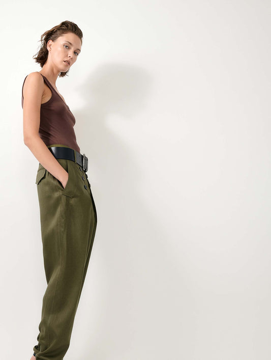 Khaki viscose and linen satin buttoned trousers