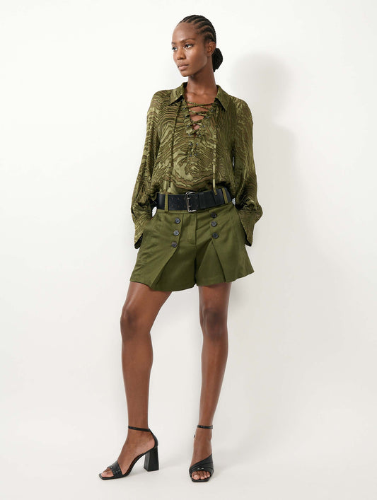 Khaki viscose and linen satin shorts