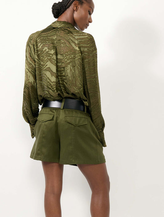 Khaki viscose and linen satin shorts