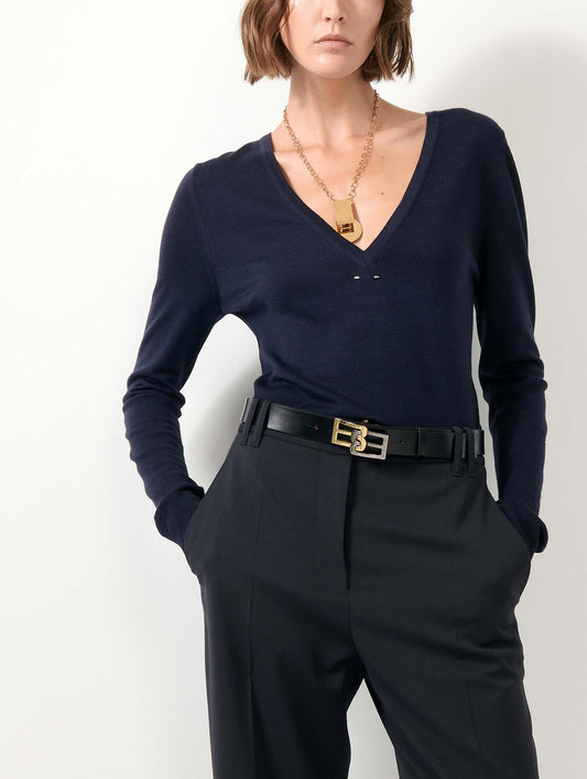 Navy extra-fine merino knit V-neck sweater