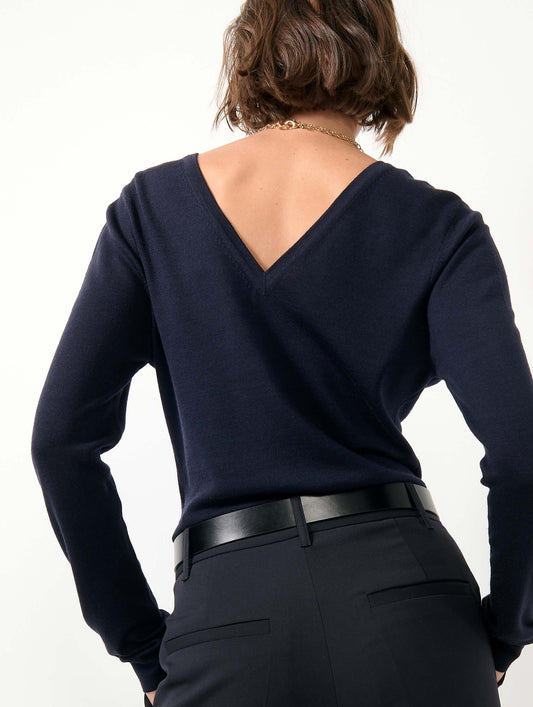 Navy extra-fine merino knit V-neck sweater