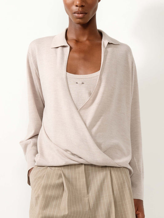 Sand extra-fine wool and silk wrap sweater