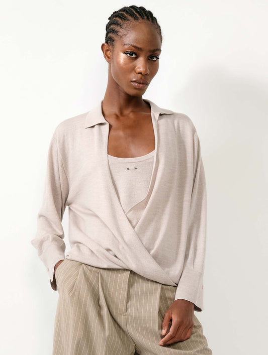 Sand extra-fine wool and silk wrap sweater