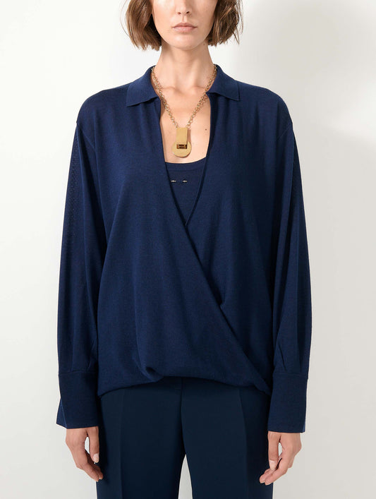 Navy extra-fine wool and silk wrap sweater
