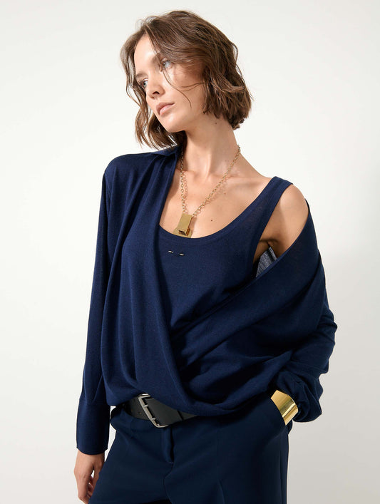 Navy extra-fine wool and silk wrap sweater
